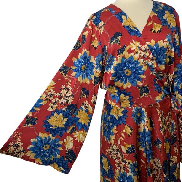Missguided Plus Floral Wrap Dress Long Bell Sleeve Size 20 Red - Picture 2 of 7